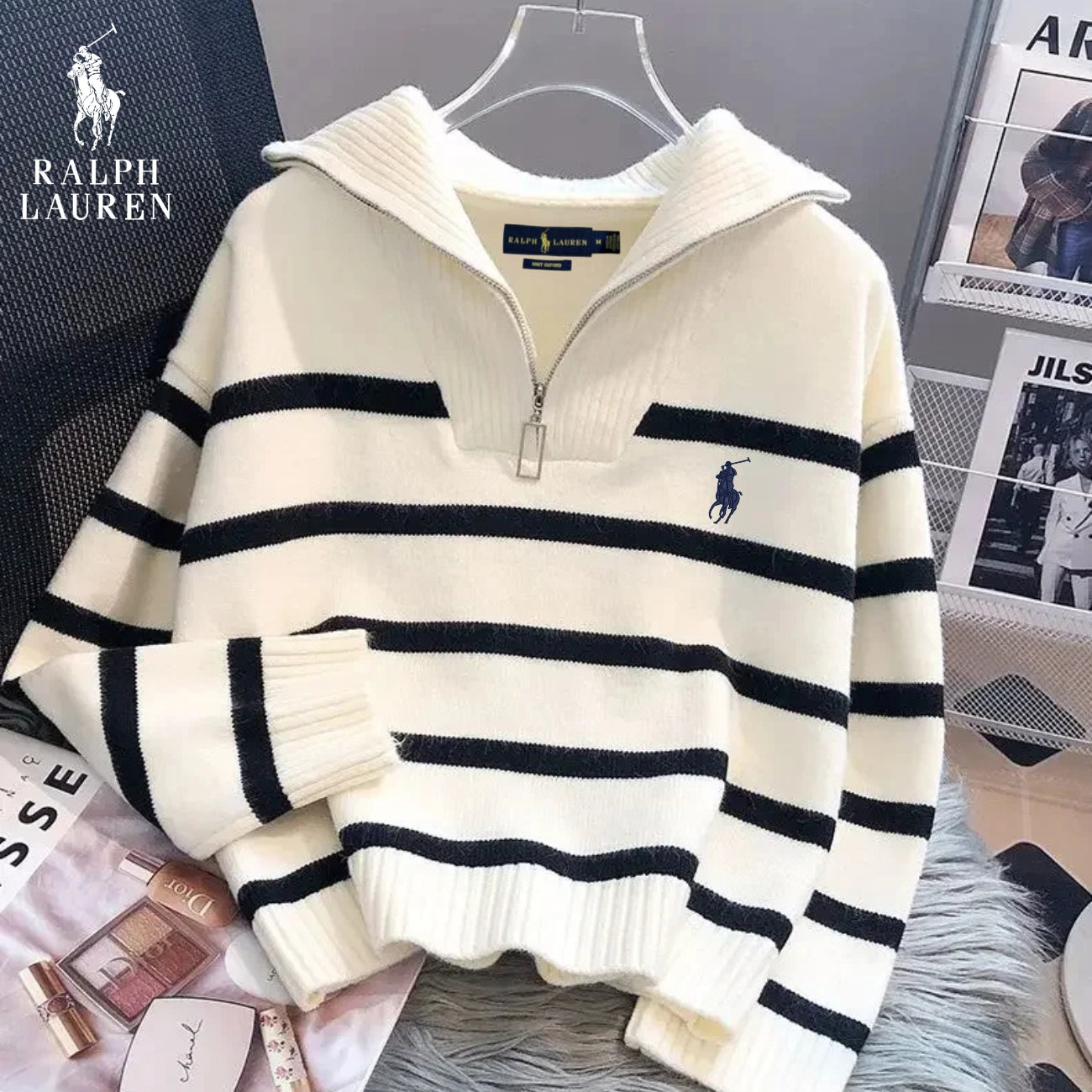 RL™ Maglione a righe con chiusura lampo da donna