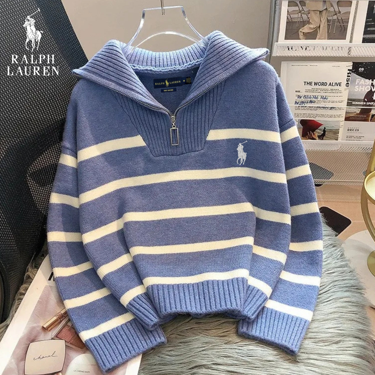 RL™ Maglione a righe con chiusura lampo da donna