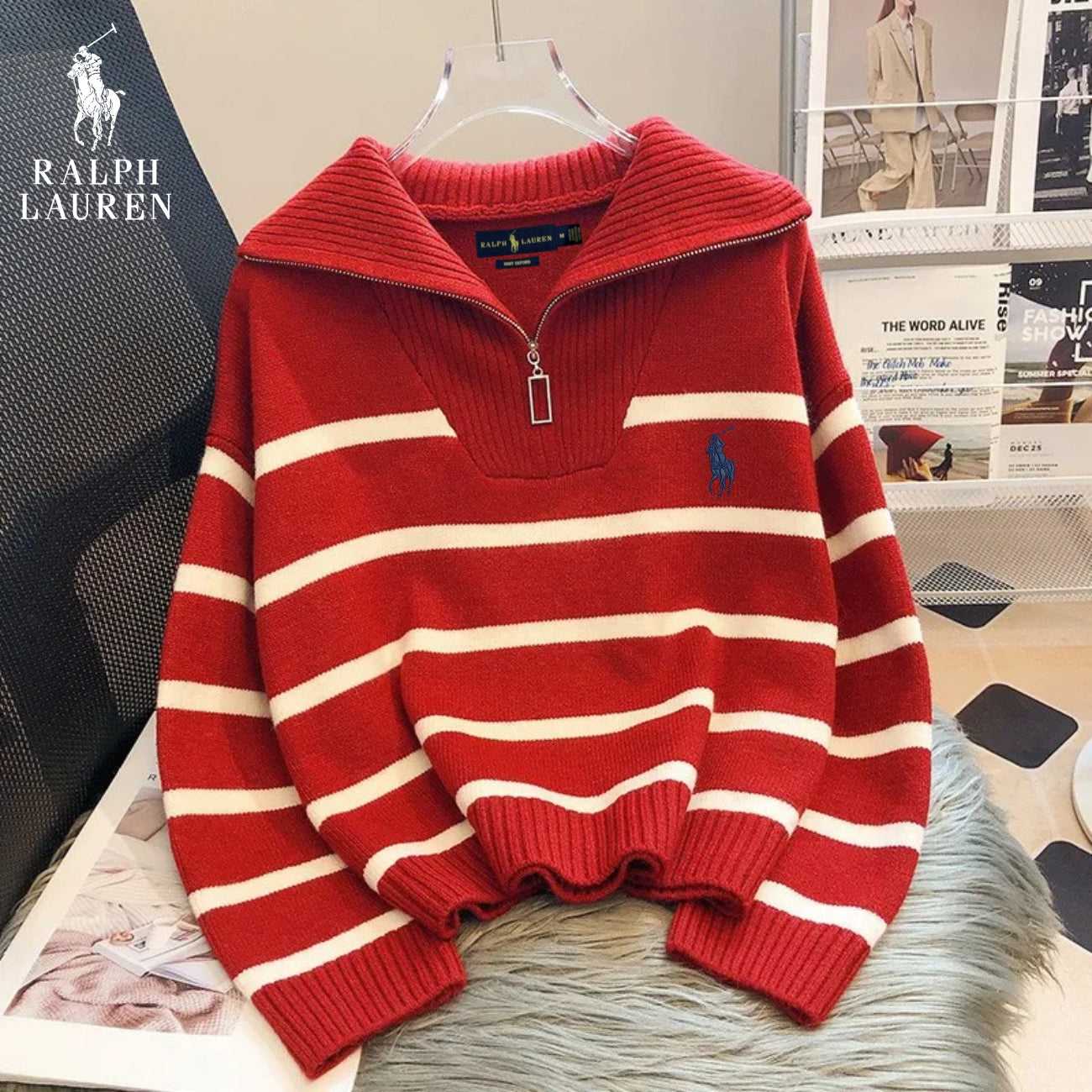 RL™ Maglione a righe con chiusura lampo da donna