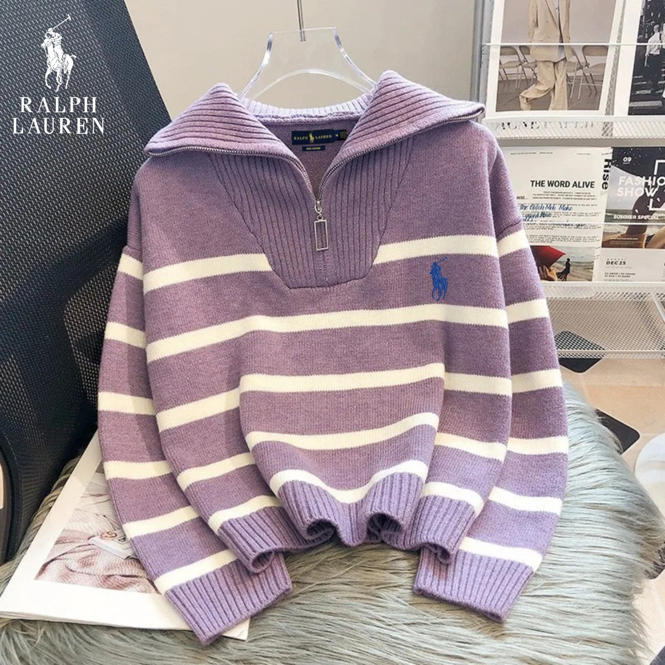 RL™ Maglione a righe con chiusura lampo da donna
