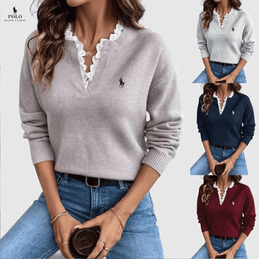 Maglione a Maglia con Scollo a V Dentellato - PREZZO OUTLET